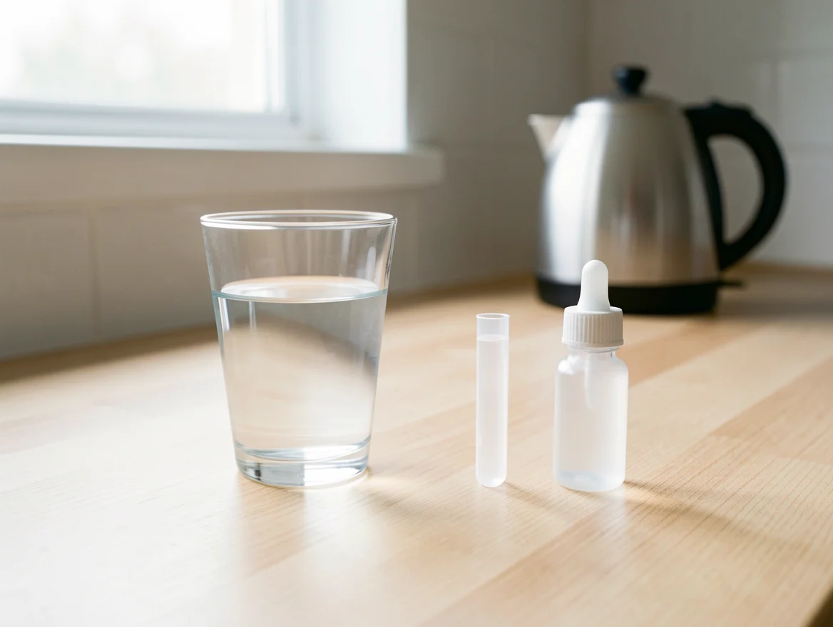 Verre d'eau du robinet et petit nécessaire de test de dureté sur un plan de travail