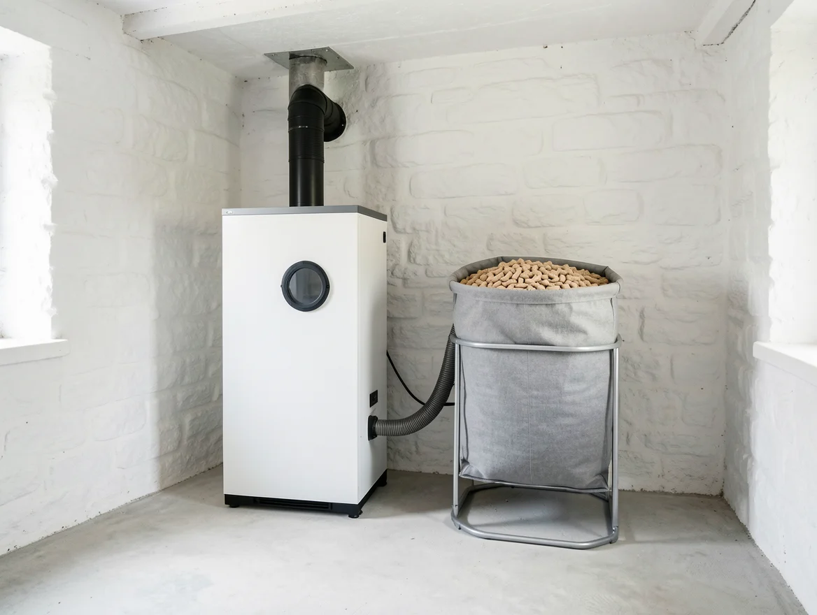 Chaudière à granulés et son silo dans l'ancienne chaufferie d'une maison