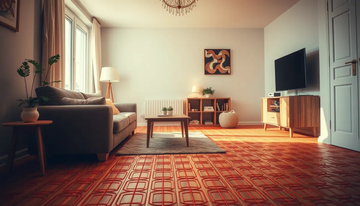 Salon confortable avec plancher chauffant offrant une chaleur douce et homogène