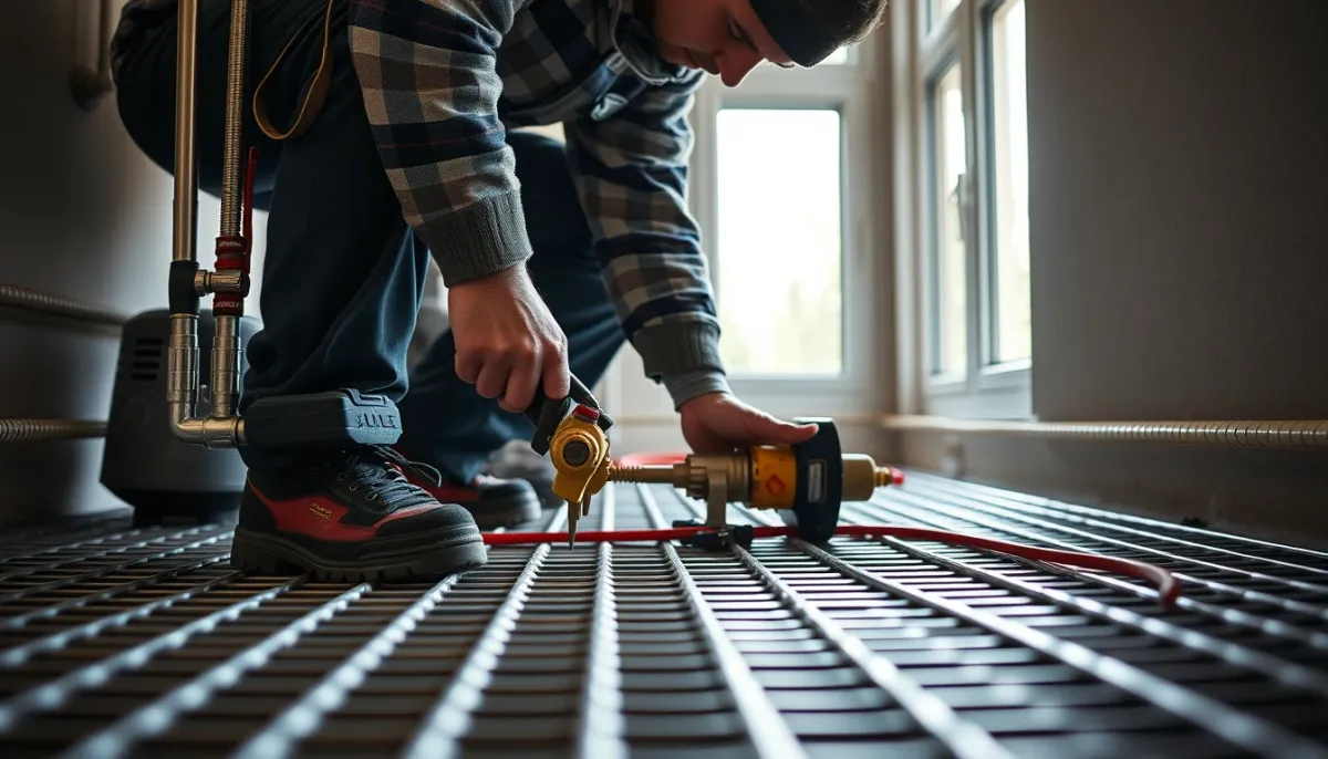 Artisan installant des tubes de plancher chauffant Rehau