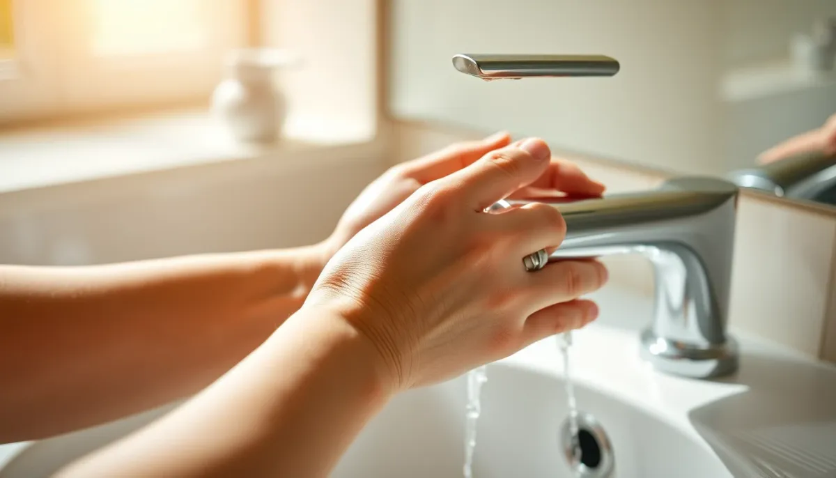 Mains actionnant un mitigeur chromé avec un débit d'eau régulier, montrant l'usage quotidien en eau calcaire