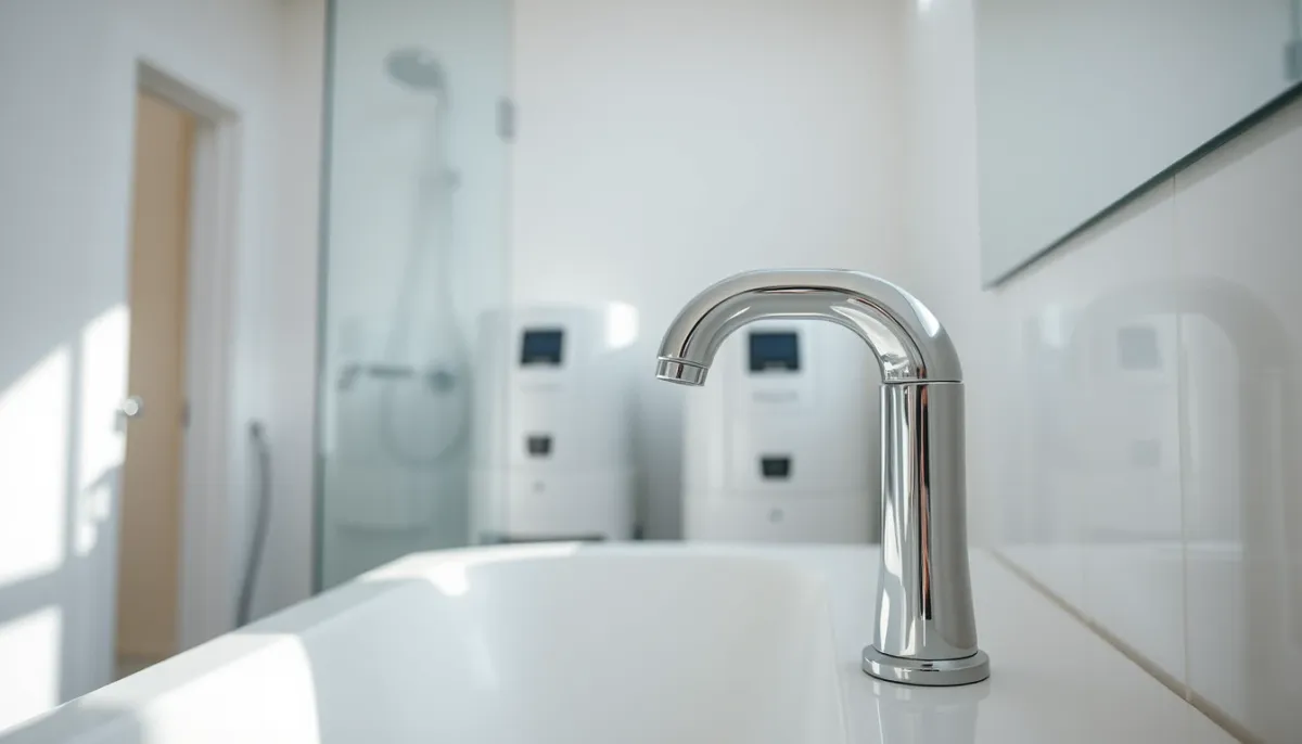 Salle de bains moderne avec mitigeur chromé et adoucisseur d'eau en arrière-plan, pour un usage durable