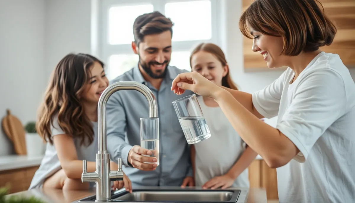 Famille utilisant l'eau du robinet dans une cuisine moderne