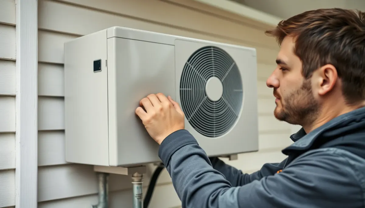 Technicien certifié RGE installant une pompe à chaleur air/eau sur une façade