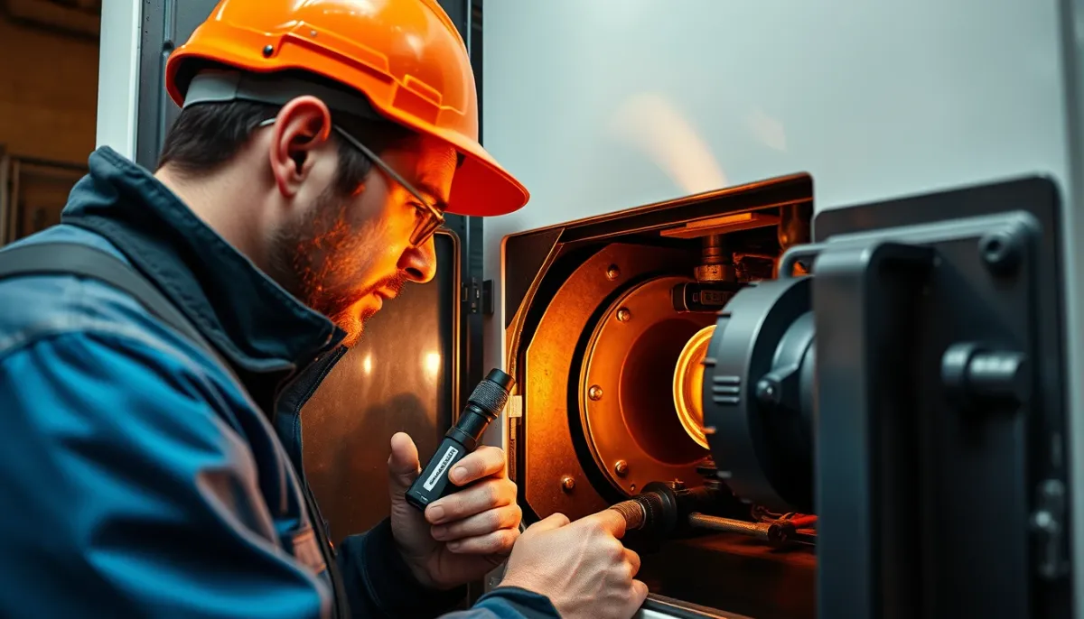 Chauffagiste contrôlant le brûleur et le taux de monoxyde de carbone d'une chaudière gaz
