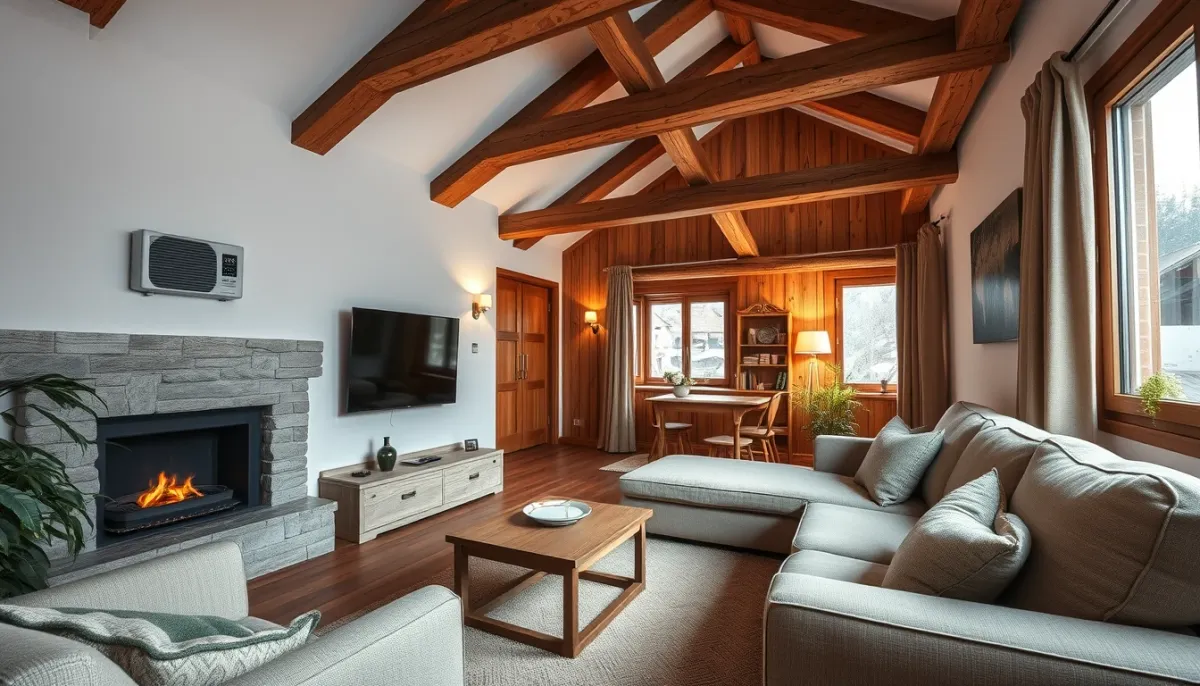 Salon confortable dans une maison savoyarde équipée d'une pompe à chaleur air/eau