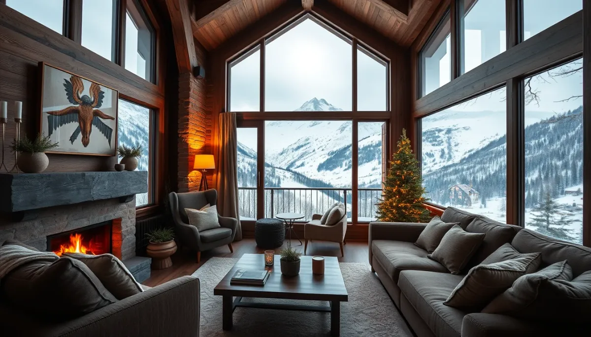 Intérieur savoyard avec plancher chauffant et vue sur les montagnes enneigées