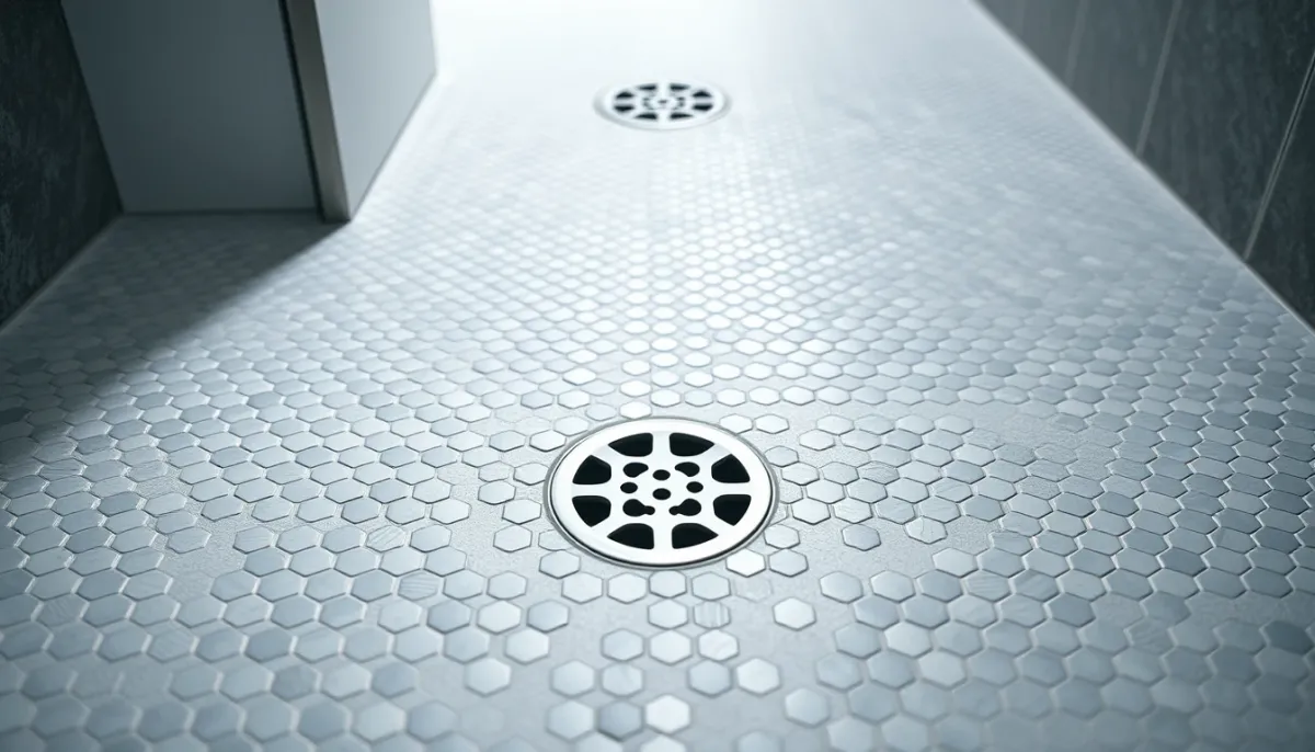 Gros plan sur un sol de douche en mosaïque antidérapante avec pente vers une bonde linéaire