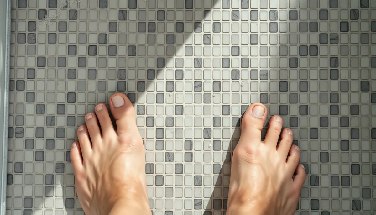 Pieds nus sur un carrelage de douche antidérapant, illustrant la sécurité au quotidien