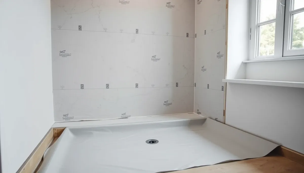 Chantier de douche de plain-pied en cours, avec étanchéité et préparation de la pente