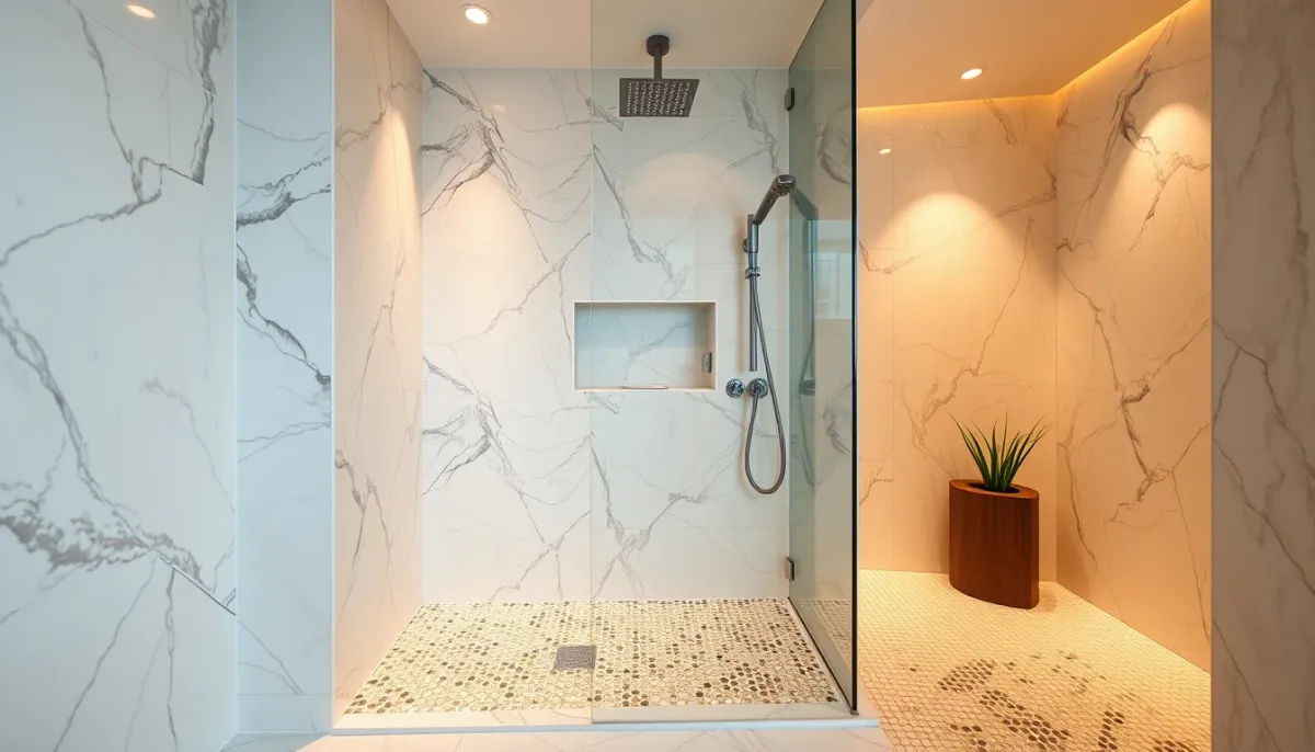 Douche de plain-pied haut de gamme avec grands carreaux muraux et sol en mosaïque