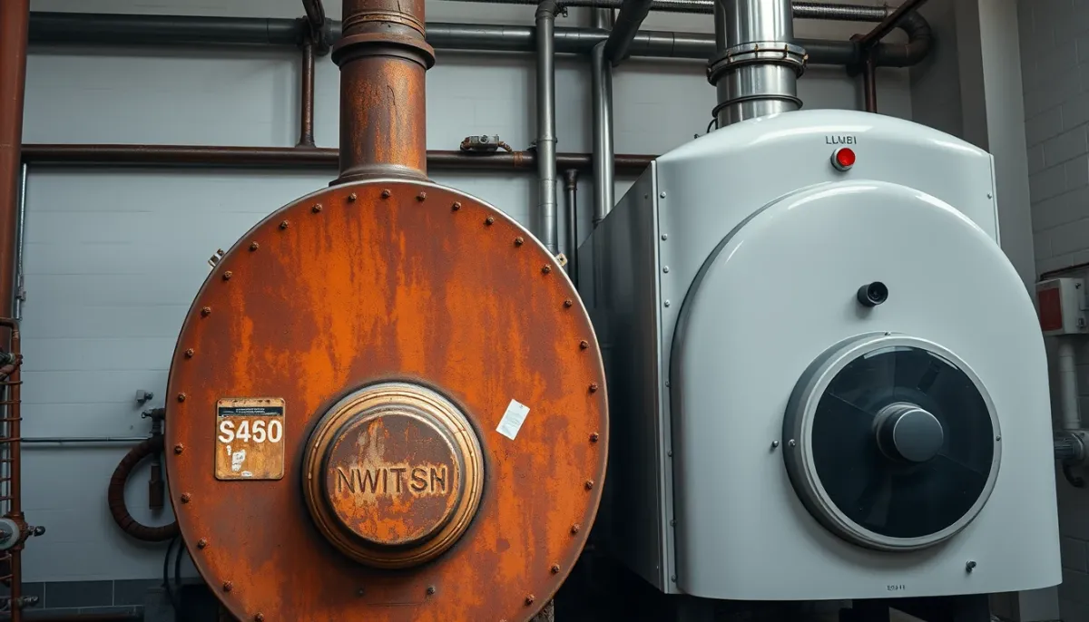 Comparaison entre une ancienne chaudière rouillée et une chaudière moderne