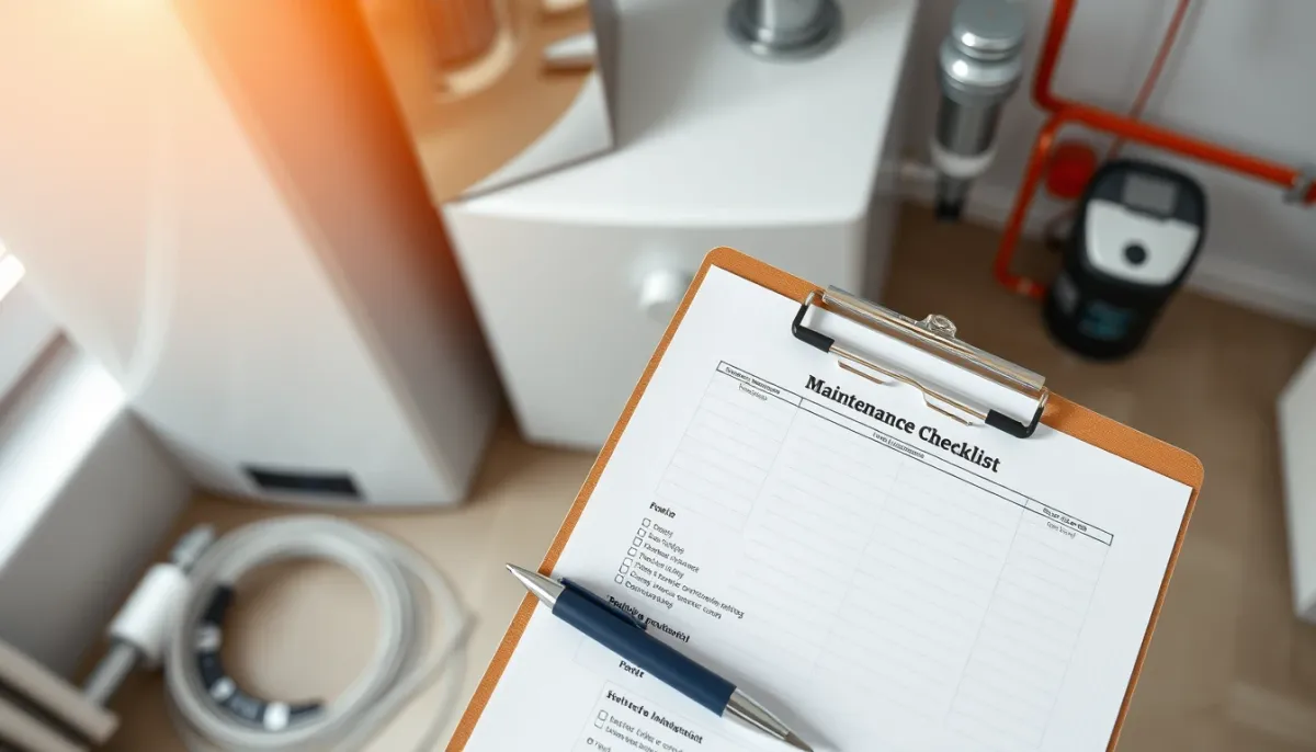 Liste de contrôle d'entretien de chauffage avec une chaudière en arrière-plan
