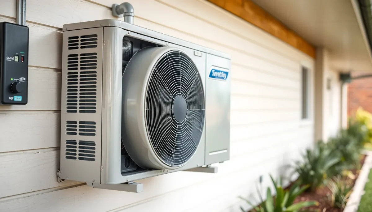 Unité extérieure d'une pompe à chaleur air/eau installée contre un mur de maison