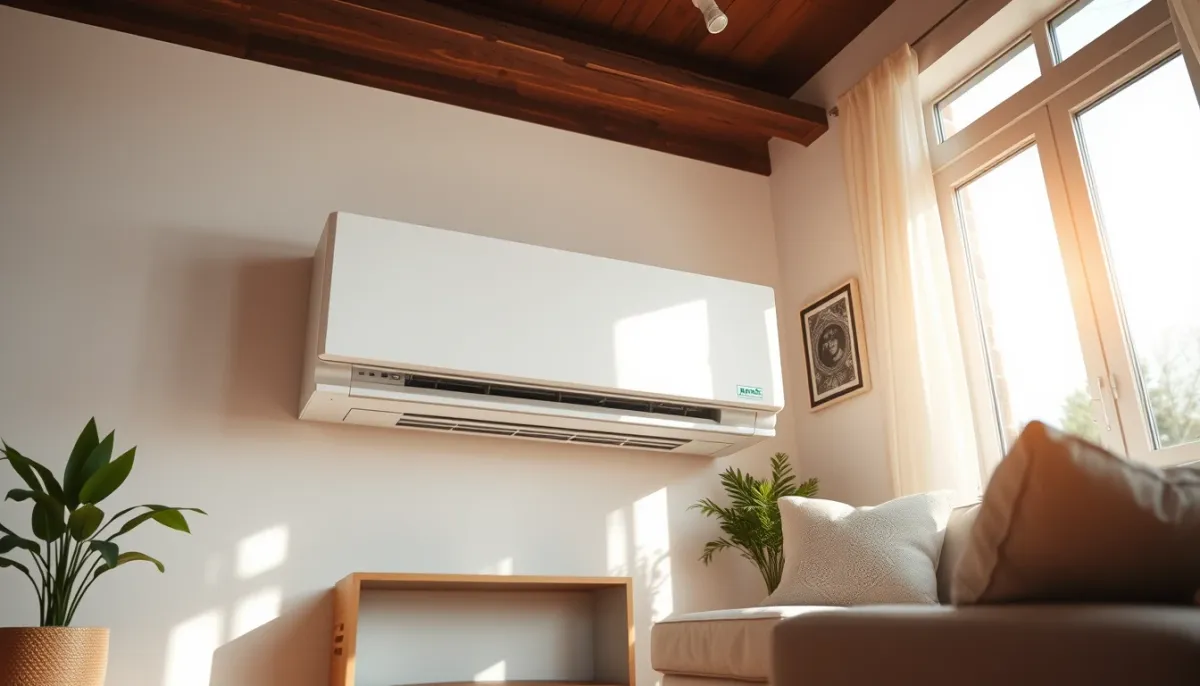 Unité intérieure murale d'une pompe à chaleur air/air dans un salon lumineux