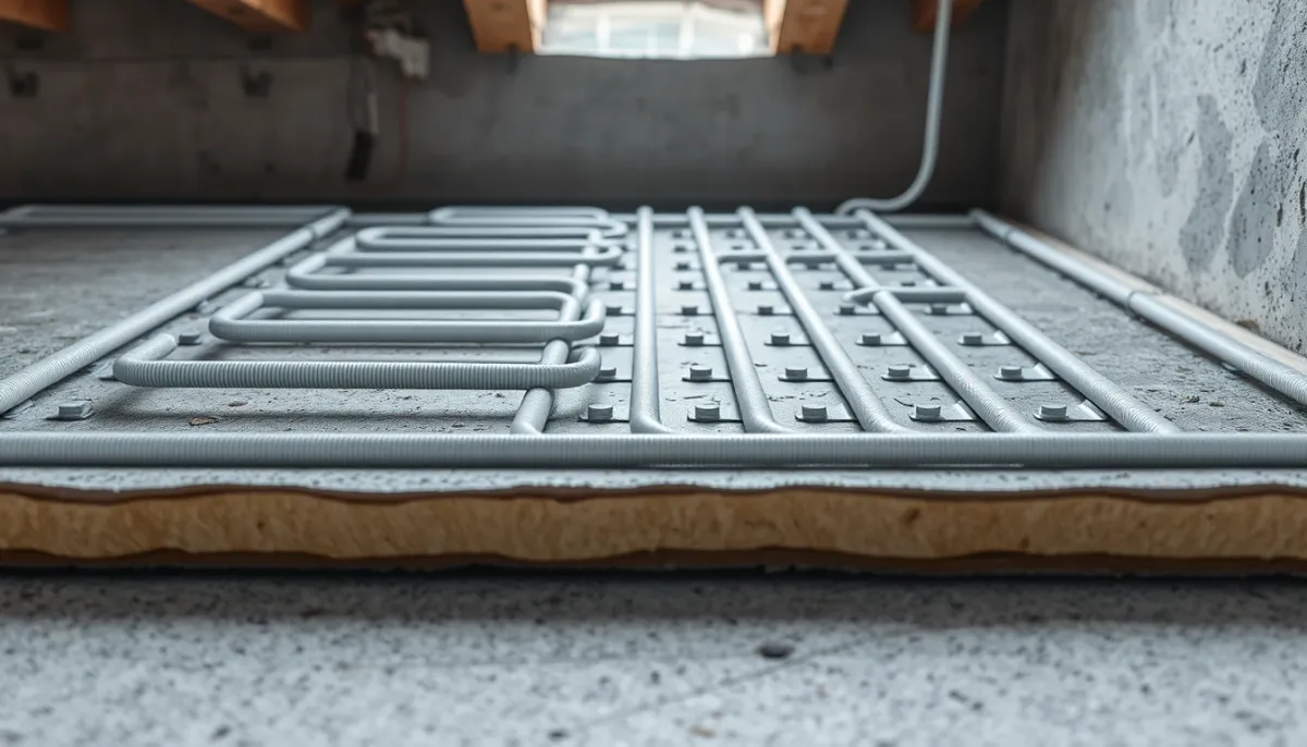 Coupe technique d'un plancher chauffant rafraîchissant montrant les tubes noyés dans la chape