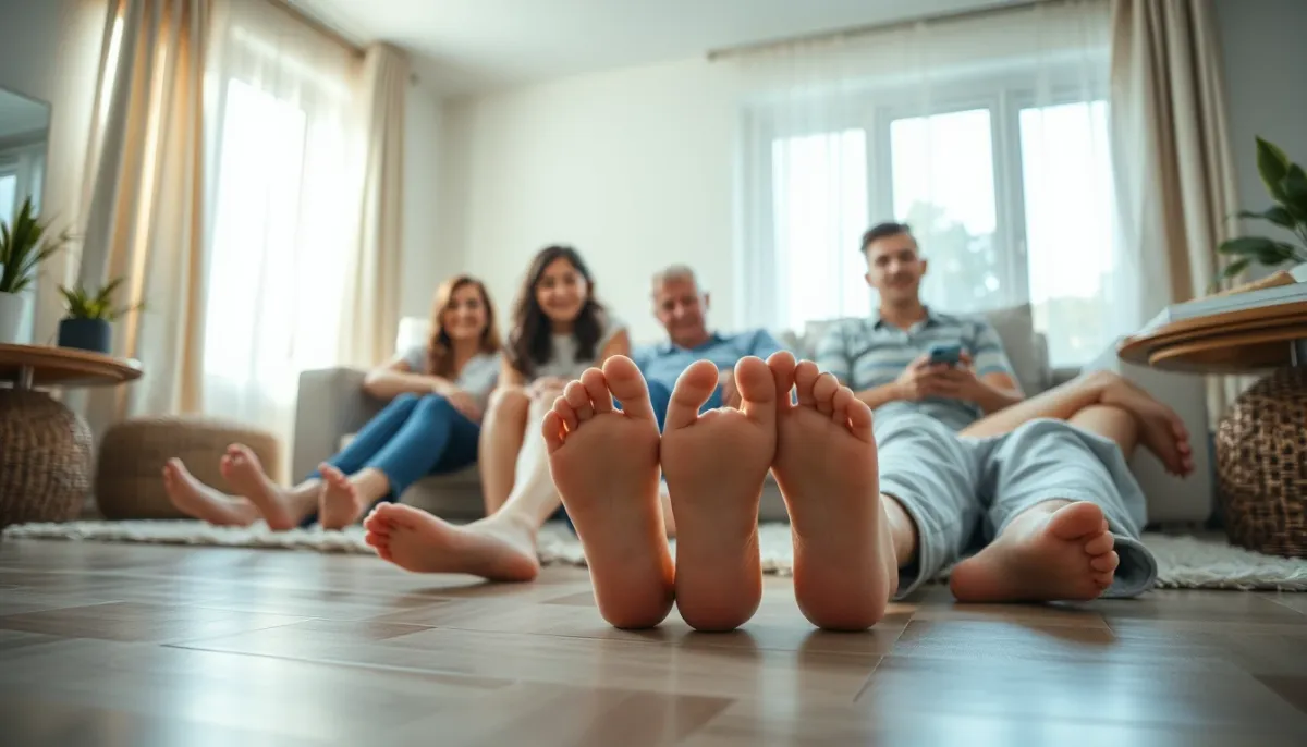 Famille se détendant pieds nus sur un plancher rafraîchissant en été