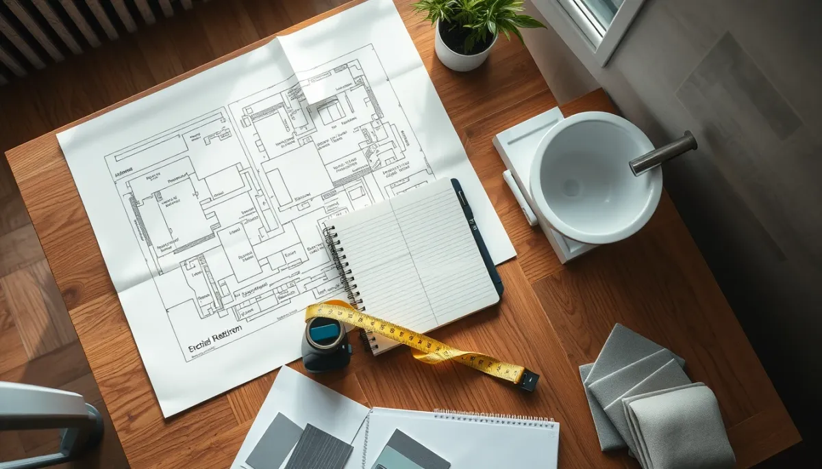 Planification d'une rénovation de salle de bains avec plans et échantillons