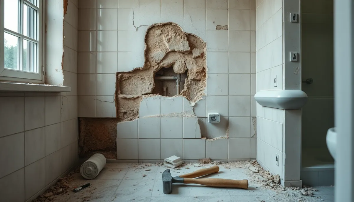 Démolition de salle de bains révélant des tuyaux et moisissures