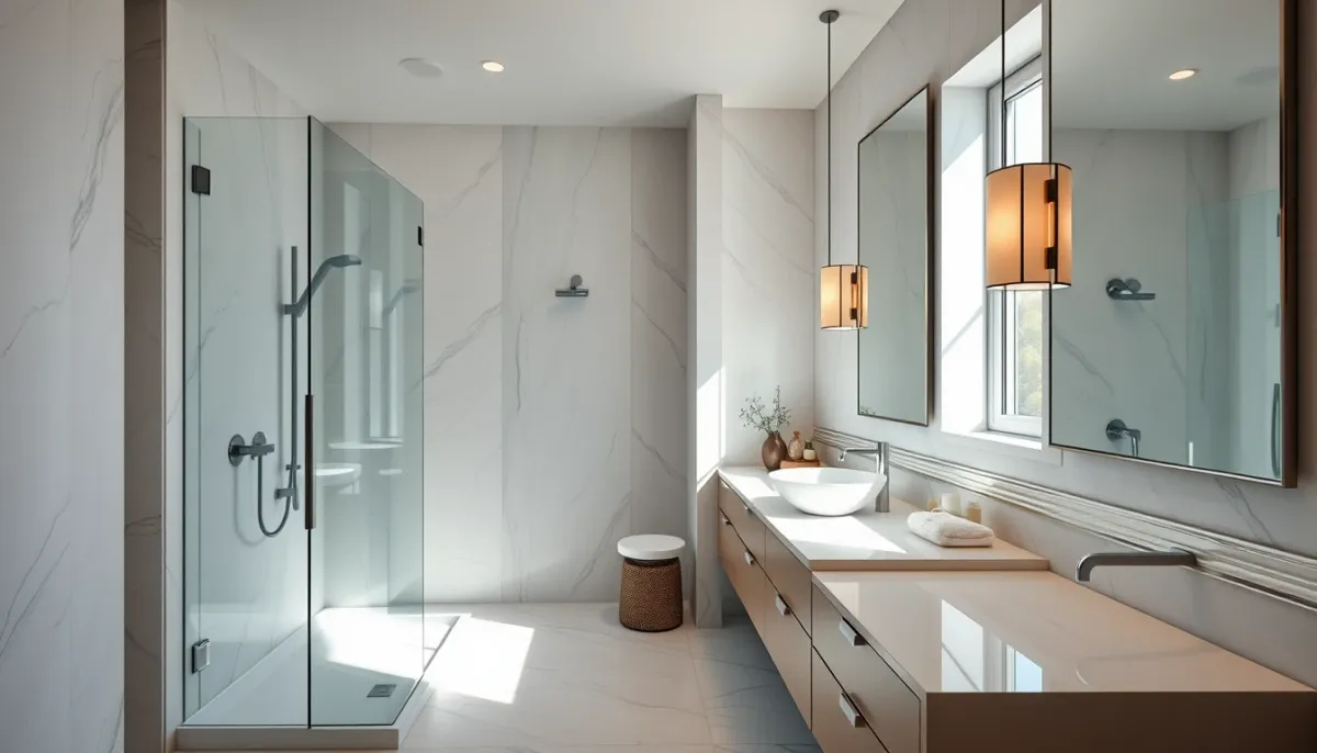 Salle de bains moderne terminée avec douche à l'italienne et meuble vasque