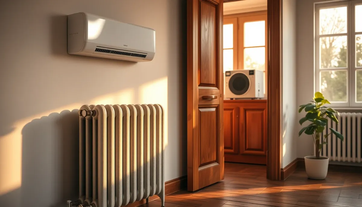 Salon avec radiateur en fonte et pompe à chaleur en arrière-plan, alternative à la chaudière fioul