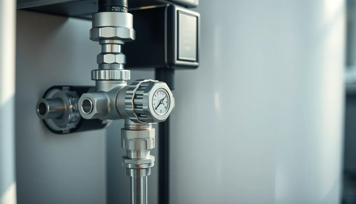 Gros plan sur la vanne volumétrique et les raccordements d'un adoucisseur d'eau