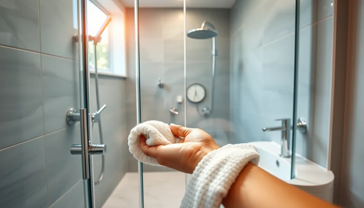Salle de bain moderne avec douche en verre et robinetterie éclatante après adoucissement de l'eau