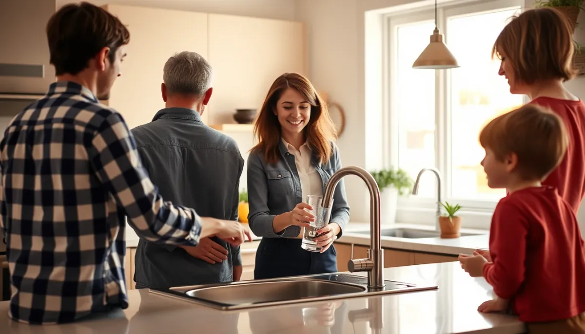 Famille utilisant l'eau adoucie au robinet dans une cuisine lumineuse