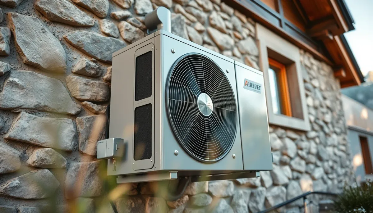 Unité extérieure d'une pompe à chaleur Mitsubishi Electric Zubadan installée contre un mur en pierre