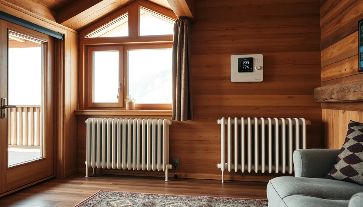Intérieur chaleureux d'un chalet de montagne avec radiateur et thermostat de pompe à chaleur