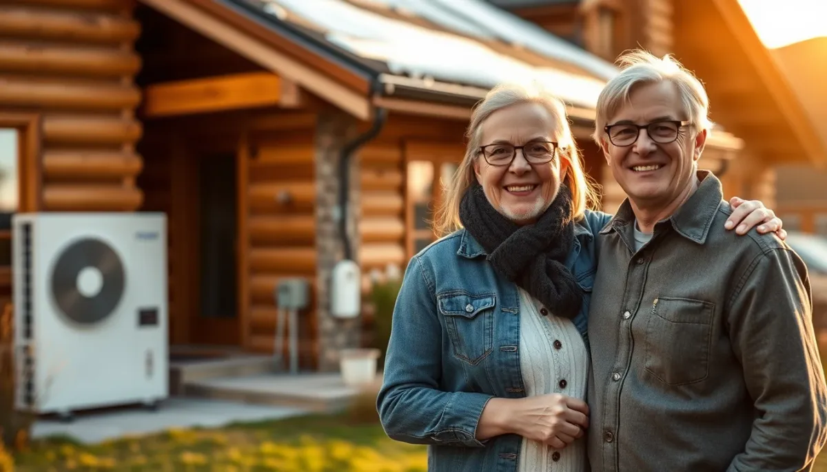 Couple de propriétaires devant leur maison de montagne équipée d'une pompe à chaleur