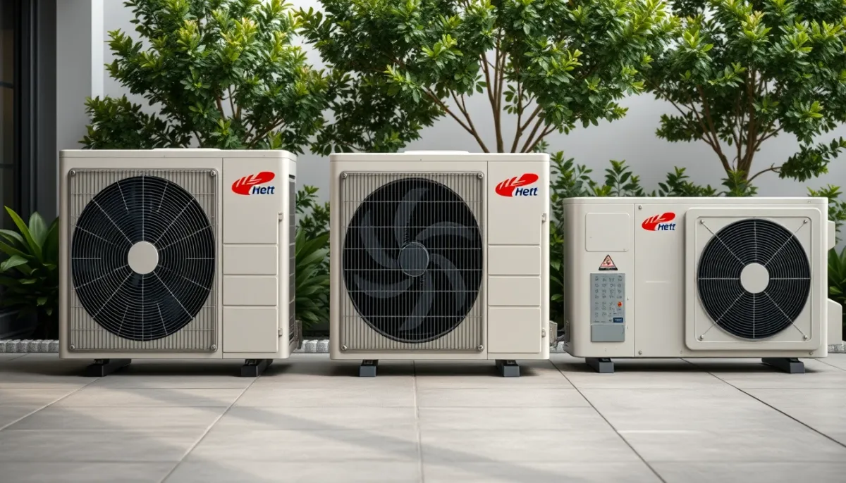 Trois pompes à chaleur air/eau de marques différentes alignées pour un comparatif