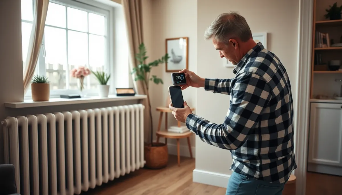 Confort quotidien avec une chaudière fioul Atlantic : réglage du thermostat dans un salon